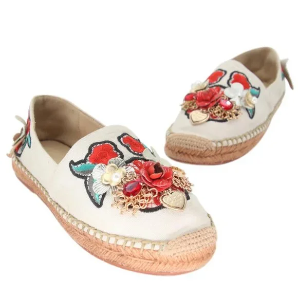 Dolce&Gabbana Pearl Espadrille 39 Floral Embellished Fabric Flats DG-0525N-0218